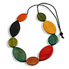 Oval Wooden Bead Geometric Black Cord Long Necklace/ Multicoloured/ 90cm Long/ Adjustable