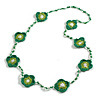 Handmade Green/Olive/White Floral Crochet Green/White Glass Bead Long Necklace/ Lightweight - 100cm Long