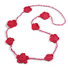 Handmade Raspberry Floral Crochet Light Pink Glass Bead Long Necklace/ Lightweight - 96cm Long