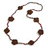 Handmade Floral Crochet Glass Bead Long Necklace in Brown Colours/ Lightweight - 96cm Long