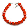 20mm D/Chunky Orange Polished Wood Bead Necklace in Silver Tone - 44cm L/10cm Ext