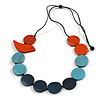 Orange/Sky Blue/Dark Blue Wooden Coin Bead and Bird Black Cotton Cord Long Necklace/ 96cm Max Length/ Adjustable