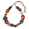 Red/Grey/White Geometric Wood Bead Cotton Cord Long Necklace - 120cm L/ Adjustable