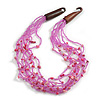 Multistrand Glass Bead and Semiprecious Stone Necklace With Wood Hook Closure in Pink/Fuchsia - 60cm L