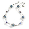 Stylish Blue Glass/ Shell Bead and Textured Metal Bar Necklace In Silver Tone - 41cm L/ 4cm Ex