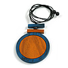 Blue/Orange Large Round Wooden Geometric Pendant with Black Cotton Cord Necklace - 92cm L/ 10.5cm Pendant - Adjustable