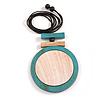 Turquoise/White Large Round Wooden Geometric Pendant with Black Cotton Cord Necklace - 92cm L/ 10.5cm Pendant - Adjustable