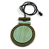 Mint/Olive Green Large Round Wooden Geometric Pendant with Black Cotton Cord Necklace - 92cm L/ 10.5cm Pendant - Adjustable
