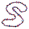 Long Shell Nugget and Faceted Glass Bead Necklace in Purple/Blue/Beetroot/Red - 116cm Long