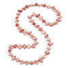 Long Salmon Pink/Flamingo Pink Shell Nugget and Beige Faceted Glass Bead Necklace - 114cm Long