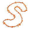 Long Pumpkin Orange Shell Nugget and Faceted Glass Bead Necklace - 110cm Long