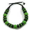 Chunky Style Green/Black Wood Bead Cotton Cord Necklace - 64cm Long