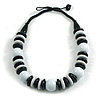 Chunky Style Light White/Black Wood Bead Cotton Cord Necklace - 64cm Long