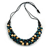 Dark Blue/ Natural/ Teal Cluster Wood Bead Chunky Necklace with Black Cotton Cord - 70cm L