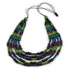 Multistrand Teal/ Green/ Purple Wooden Bead Black Cord Necklace - 100cm L Adjustable