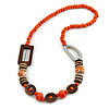 Trendy Wood, Acrylic Bead Geometric Chunky Necklace (Orange/ Brown) - 70cm L