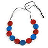 Red/ Blue Wood Button Bead Necklace with Black Cotton Cord - Adjustable - 90cm L