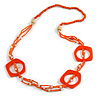 Long Multi-strand Orange Ceramic/ Wooden Bead, Acrylic Ring Necklace - 90cm L
