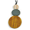 Yellow/ Grey/ Off White Triple Disc Wood Bead Pendant with Black Waxed Cords - 80cm Long/ 12cm Pendant