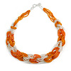 Unique Braided Glass Bead Necklace In Orange/ Transparent - 52cm Long
