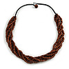 Brown Wood Bead Multistrand Twisted Black Cord Necklace - 66cm Long