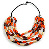 Multistrand Layered Wood Bead Cotton Cord Necklace in Orange/ Brown/ Natural - 68cm L
