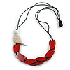 Red Wood Leaf with Off White Wood Bird Black Cotton Cords Necklace - 80cm L Adjustable