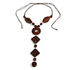 Geometric Brown Wood and Ceramic Bead Front Drop Necklace - 44cm L/ 21cm Front Drop/ Adjustable