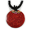 Red Shell Round Pendant with Twisted Black Glass Bead Necklace - 44cm L/ 50mm Diameter