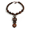 Geometric Wood Bead with Resin and Ceramic Element Cotton Cord Necklace in Brown - 54cm Long/15cm Front Drop
