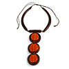 Statement Geometric Brown Wood and Orange Ceramic Bead Tassel Necklace - 44cm Long/ 17cm Front Drop