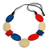 Long Blue/ Red/ Cream Geometric Wood Bead Necklace with Black Cotton Cords - 110cm L