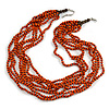 Multistrand Layered Orange Wood, Brown Acrylic Bead Necklace - 74cm L/ 5cm Ext