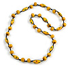 Yellow Wood Bead Black Cotton Cord Necklace - 80cm L