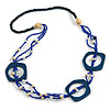 Long Multi-strand Dark Blue/ Electric Blue Ceramic/ Wooden Bead, Acrylic Ring Necklace - 90cm L