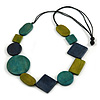 Geometric Wood Bead Black Cotton Cord Necklace in Blue/ Olive/ Teal - 86cm Long - Adjustable