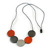 Dark Grey/ Orange/ Metallc Silver Wood Coin Bead Grey Cotton Cord Necklace - 94cm L (Max Length) Adjustable