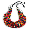 Multistrand Layered Multicoloured Wood Bead Black Cotton Cord Necklace - 72cm Long