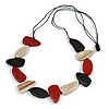 Geometric Melange Red/ White/ Black  Wood Bead Black Cotton Cord Necklace - 94cm L (Max Length) Adjustable
