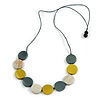 Grey/ Off White/ Dusty Yellow Wood Coin Bead Grey Cotton Cord Necklace - 86cm L (Max Length) Adjustable