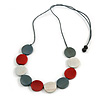 Grey/ Off White/ Red Wood Coin Bead Grey Cotton Cord Necklace - 86cm L (Max Length) Adjustable