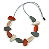 Geometric Melange Orange/ White/ Grey Wood Bead Black Cotton Cord Necklace - 94cm L (Max Length) Adjustable