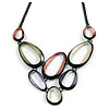 V-Shape Pastel Multicoloured Matte Enamel Oval Cluster Necklace In Black Tone - 40cm L/ 6cm Ext
