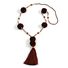 Deep Brown Pom Pom, Glass Bead, Tassel Long Necklace - 88cm L/ 17cm Tassel