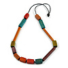 Multicoloured Geometric Wooden Bead Necklace with Black Cotton Cord - 84cm Long Adjustable