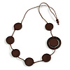 Brown Coin Wood Bead Cotton Cord Necklace - 80cm Long - Adjustable