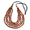 Multicoloured Multistrand Layered Wood Bead with Cotton Cord Necklace - 90cm Max length- Adjustable