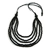 Multistrand Layered Black Wood Bead with Cotton Cord Necklace - 90cm Long (Max Length) - Adjustable
