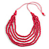 Deep Pink Multistrand Layered Wood Bead with Cotton Cord Necklace - 90cm Max length- Adjustable