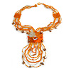 Orange/ Transparent Glass Bead, Sea Shell Component Tassel Necklace with Button and Loop Closure - 44cm L (Necklace)/ 17cm L (Tassel)